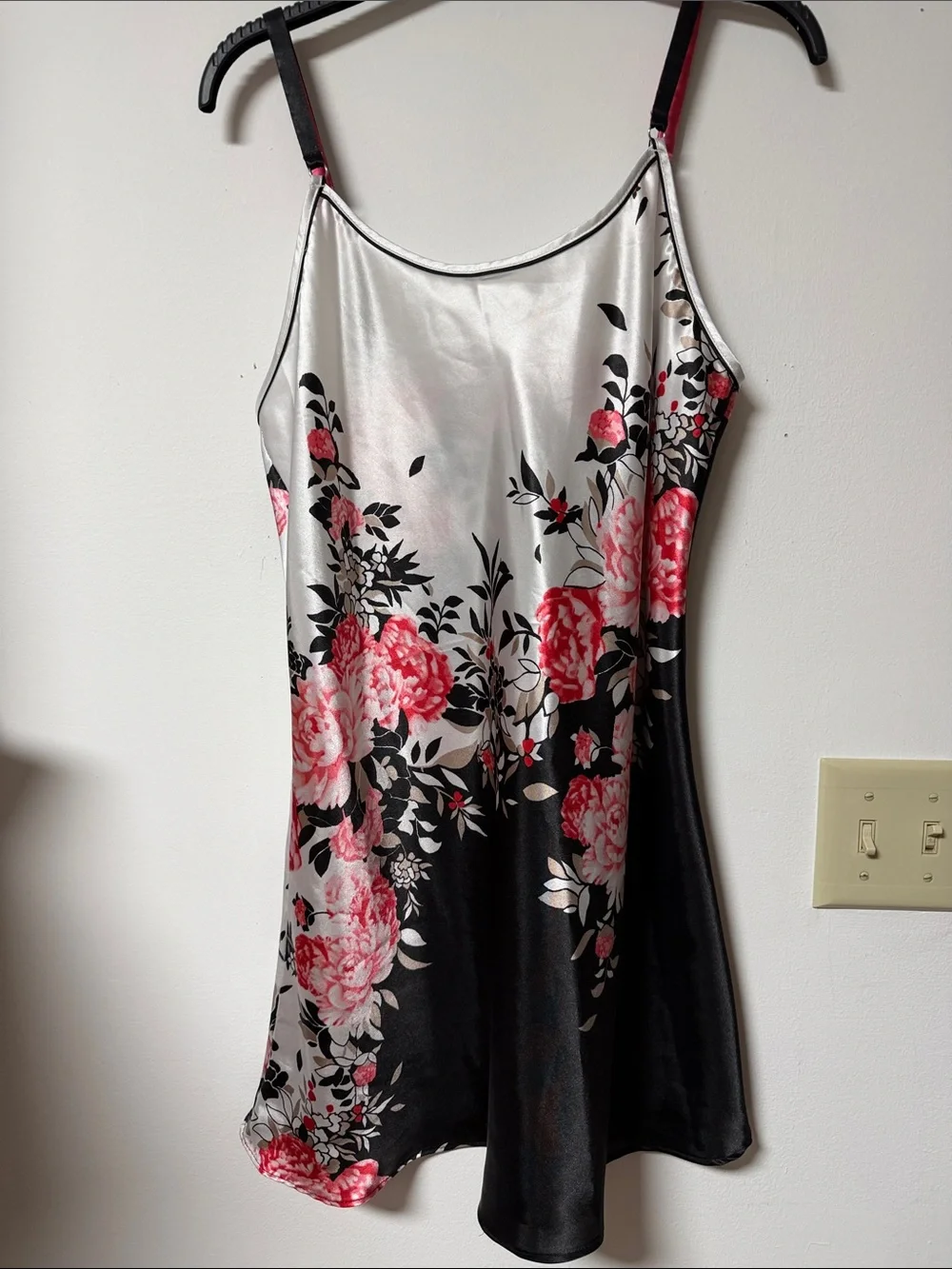 Source Unknown Silver and Black Floral Satin Chemise with Pink Roses